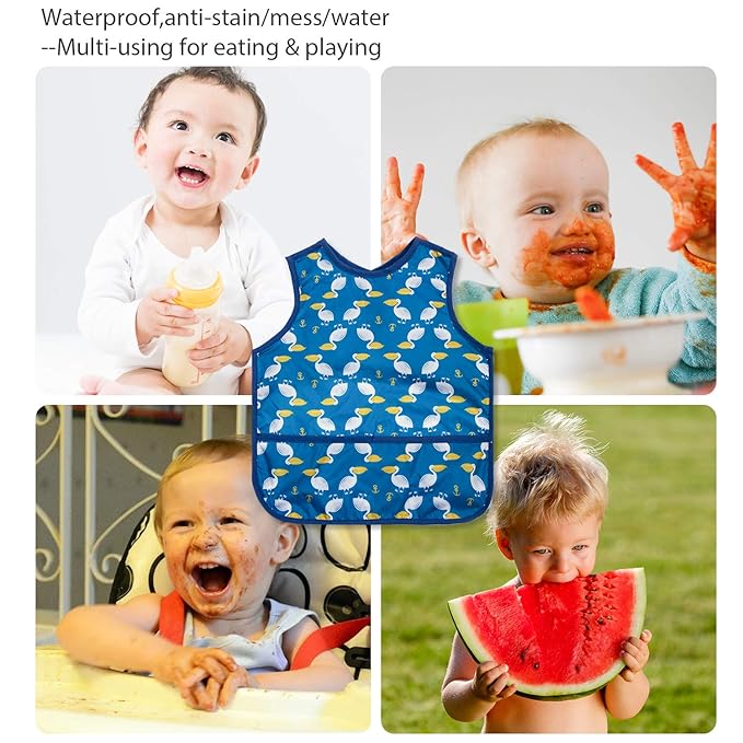Joyo roy Mess Proof Baby Bibs for Eating Waterproof Toddler Bibs 1-3 Years Soft Machine Washable Sleeveless Baby Smock Bib for Boys Travel Reusable Led Weaning Apron for Feeding Bib with Food Catcher