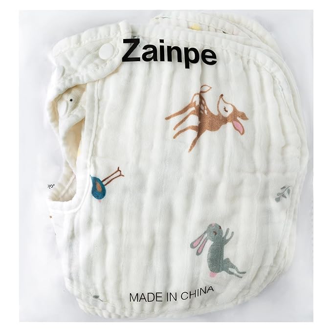 Zainpe 6Pcs Snap Muslin Cotton Baby Bibs Owl Fox Leaf Bear Bib with 6 Absorbent & Soft Layers Machine Washable Adjustable Burp Cloth for Infant Girl Boy Toddler Drooling Eating Teething 0 to 24 Months