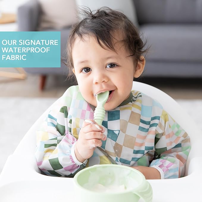 Bumkins Sleeved Bib for Girl or Boy, Baby and Toddler for 6-24 Mos, Essential Must Have for Eating, Feeding, Baby Led Weaning Supplies, Long Sleeve Mess Saving Food Catcher, Soft Fabric, Multi Check