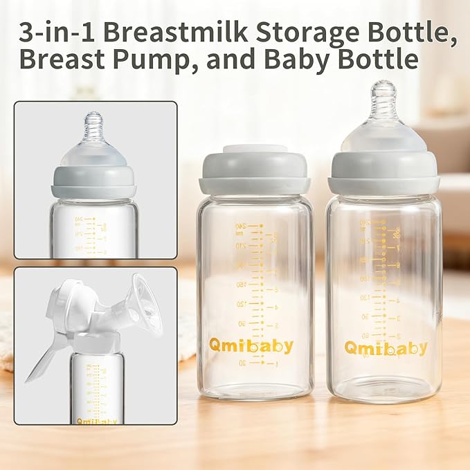 Breast Milk Storage Bottles 240ml 8oz BPA-Free Leak-Proof Baby Bottle for Breastmilk Storage Wide Neck Bottles with Screw Ring Sealing Disk Breastfeeding (Grey, 240ml-2Packs)