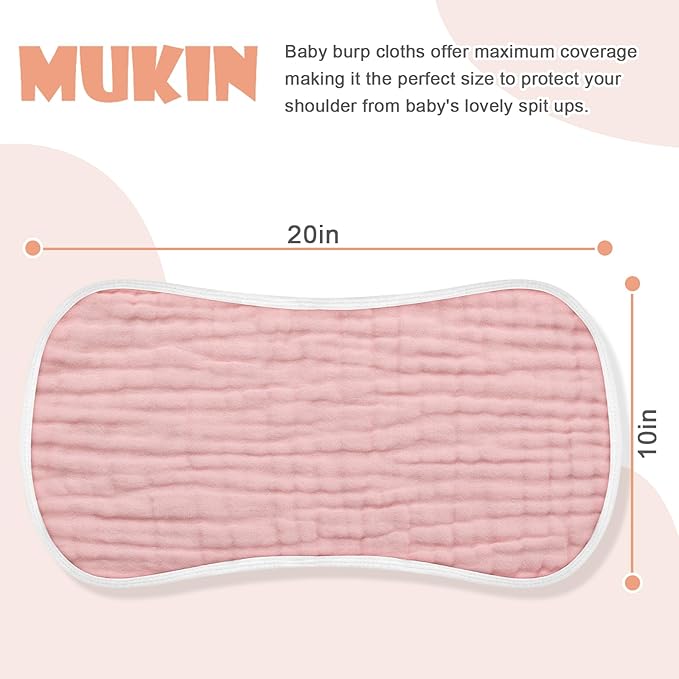MUKIN Baby Muslin Burp Cloth Set of 6, Ultra Soft Absorbent Thick Cotton Burping Cloths for Unisex Newborn Babies, 20'' by 10'' Neutral Milk Spit Up Rags Boys Girls - Baby Must Haves. (Gradient Pink)