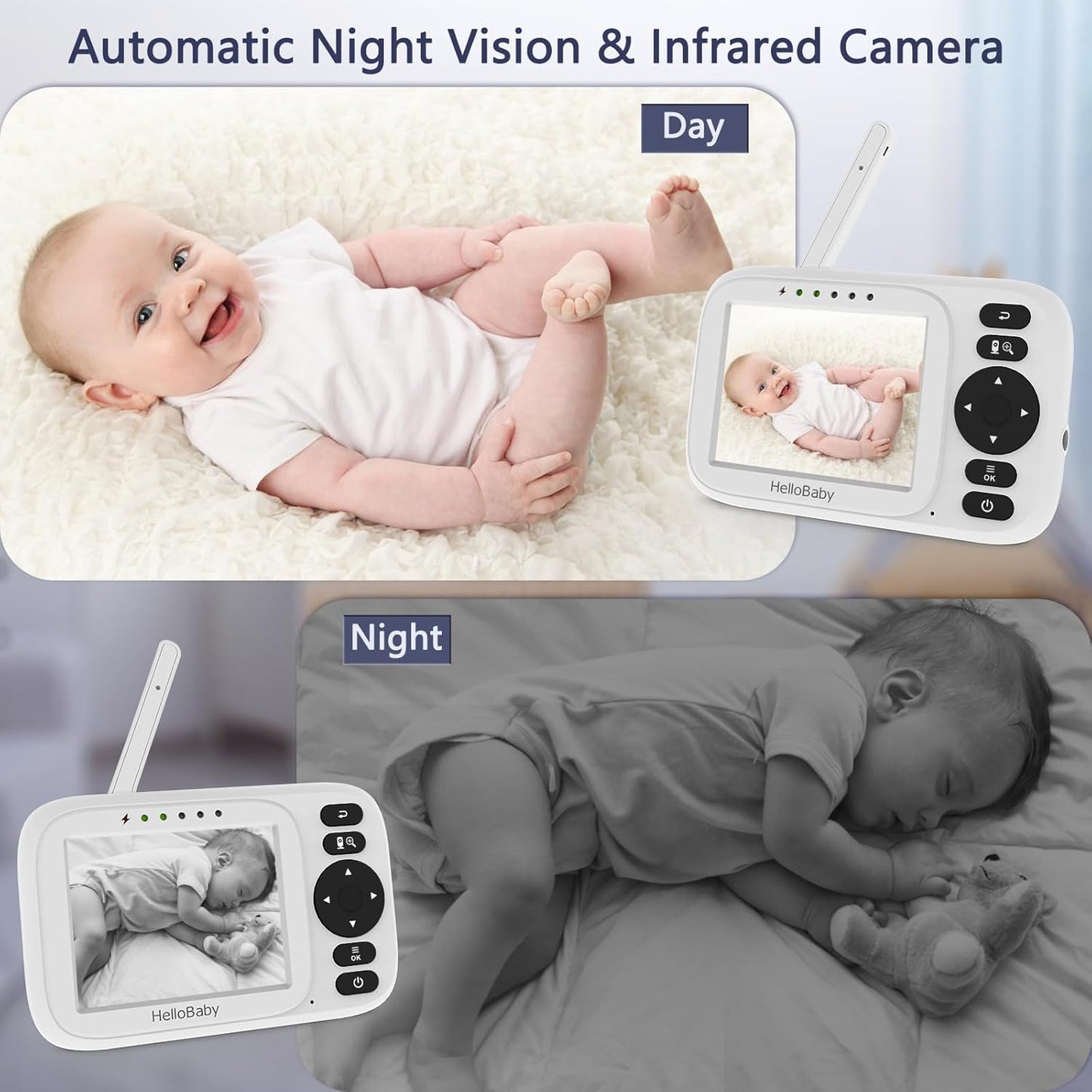 HelloBaby Baby Monitor No WiFi, Video Baby Monitor with Camera and Audio, 3.2'' IPS Screen, Pan-Tilt-Zoom Camera, Night Vision, 1000ft Range, USB Charger