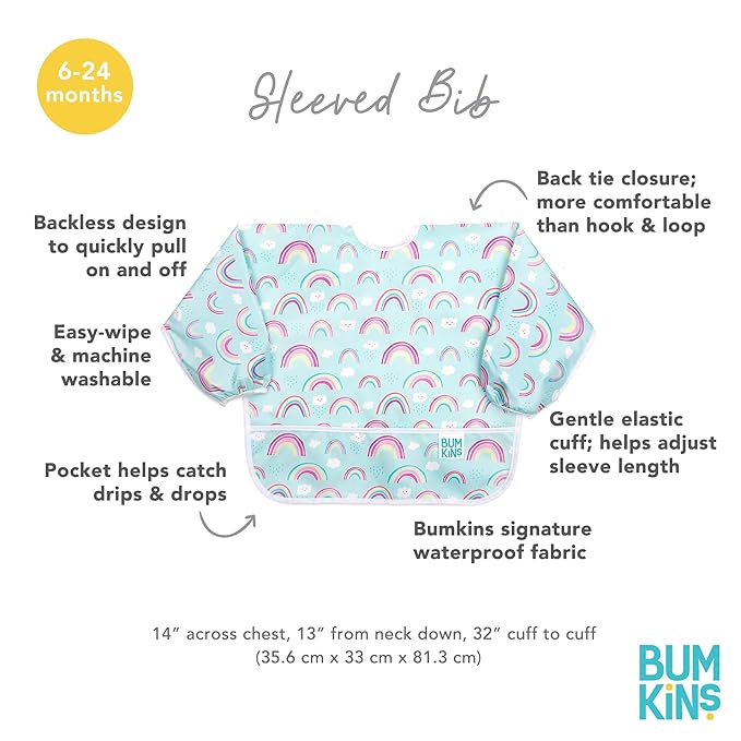Bumkins Sleeved Bib for Girl or Boy, Baby and Toddler for 6-24 Mos, Essential Must Have for Eating, Feeding, Baby Led Weaning Supplies, Long Sleeve Mess Saving Food Catcher, Soft Fabric, Rainbow Blue