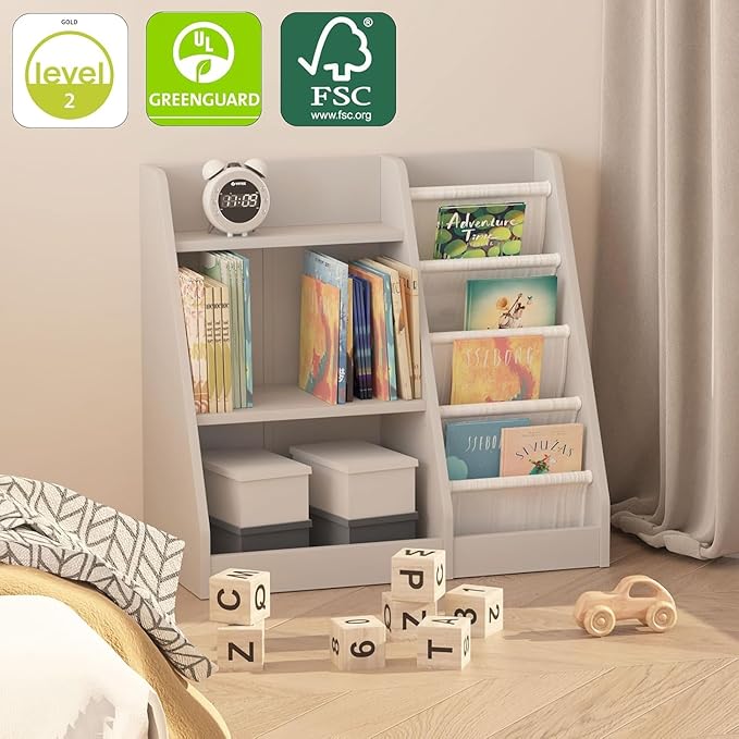 Gray Nursery Bookshelf for Kids 3 Tier Wood Shelf 4 Sling Baby Toddler Bookcase Book Rack with Adjustable Shelf for Boy Girl’s Gift Bedroom Playroom Nursery Classroom Church Kindergarten