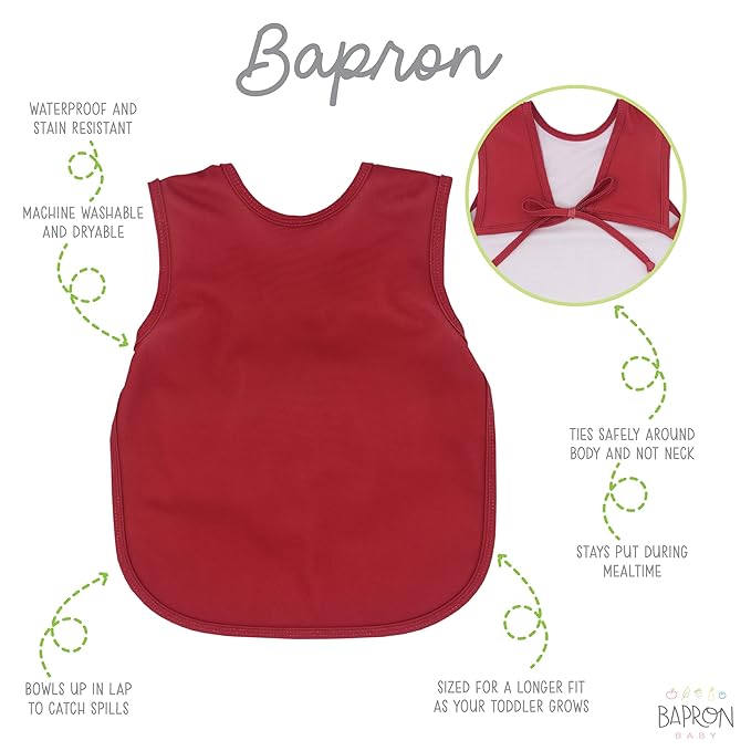 BapronBaby Minimalist Cranberry Bapron - No Neck Tie Safer Bib for Baby & Toddler - Soft Waterproof Stain Resistant - Machine Washable - Sz Preschool 3-5yrs