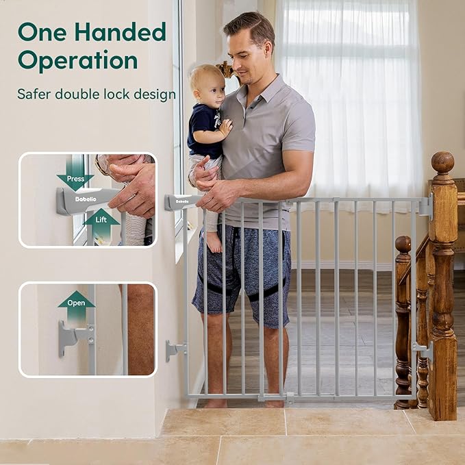 Babelio Baby Gate for Stairs, Kitchen & Doorways, 26-43" W 28" H No Bottom Bar| Easy Installation| One-Handed Operation| Auto-Close| Hardware Mount (Drill Needed) Safety Dog/Pet Gate Indoor (Grey)