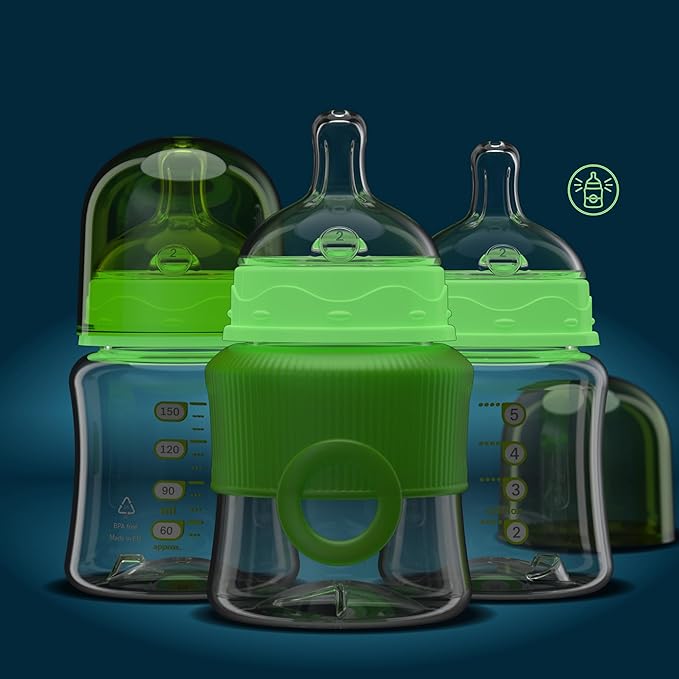 Smilo Baby Bottle Set with Stage 0 Slow Flow Anti Colic Nipple, 5 Oz / 150 ml Capacity, 3X Pack of Anti Colic Baby Bottles 0-3 Months - Glow in The Dark