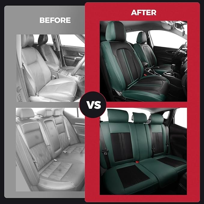 FREESOO Leather Car Seat Covers Full Set, Green Black Waterproof Seat Covers for Cars Trucks SUV, Luxury Front Car Seat Covers and Back Seats, Carseat Protector Car Seat Cover Fit for Most Vehicles