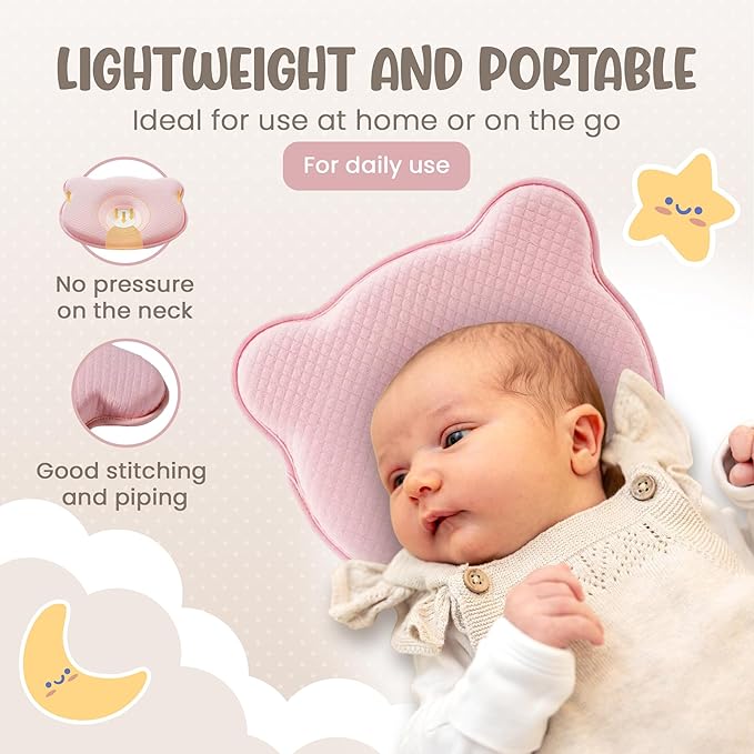 Soft and Breathable Baby Pillow with Memory Foam and Bear Design (Pink)