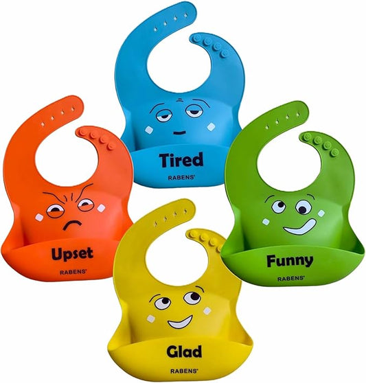 MY FIRST EMOTIONS Set of 4 Silicone Bibs for Babies and Toddler BPA Free Waterproof Adjustable Feeding Bib with Large Pocket Food Catcher Easier Mealtime