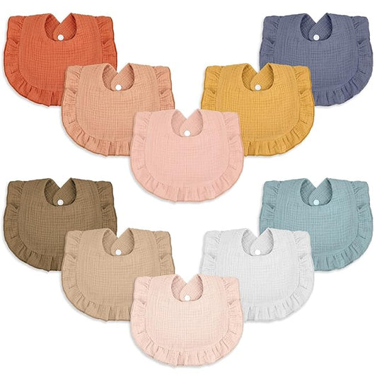 Seematn 10 Pcs Baby Muslin Bibs Drool Bibs Bandana Ruffle Soft Cotton for Newborn Baby Infants Girl Teething Toddlers Boy(Gentle Colors)
