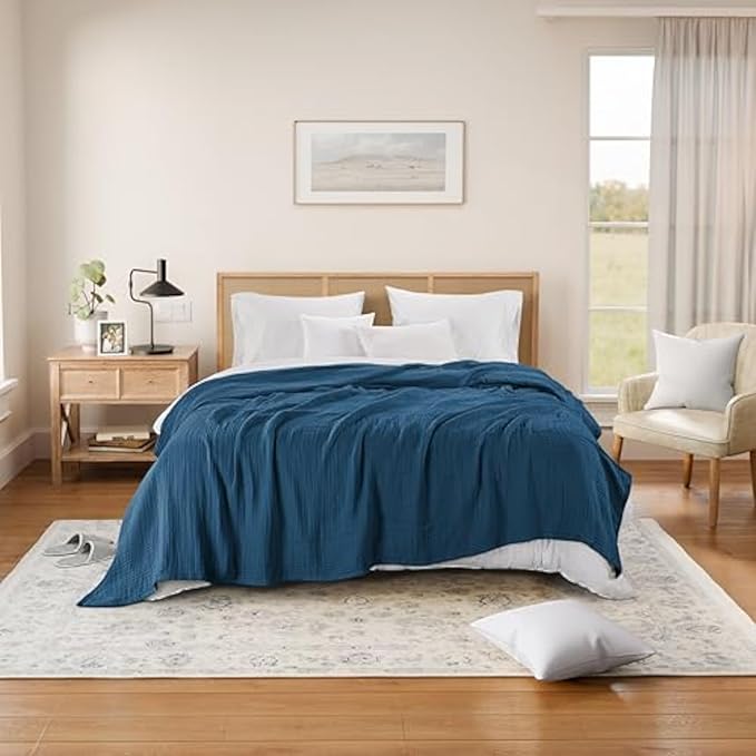 Threadmill Muslin Blanket for Queen Size Bed | 4 Layer 100% Cotton Gauze | Soft, Lightweight, and Cozy for All Seasons | Lightweight Summer Blanket | Folkstone Blue