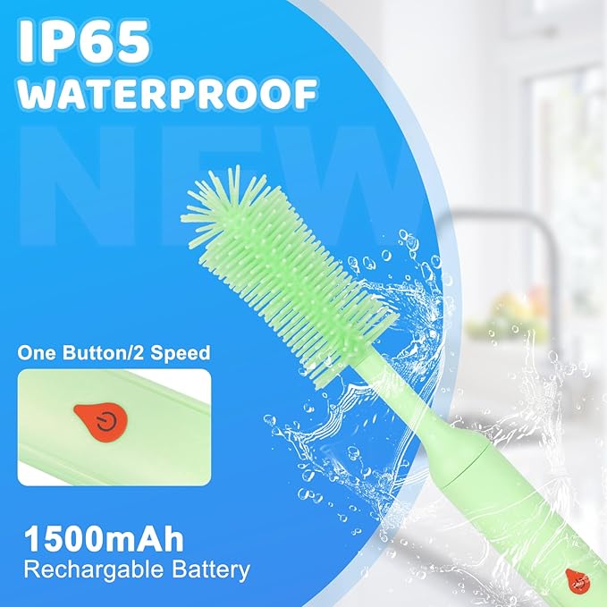 ULTRAFIRE Electric Bottle Brush, Baby Bottle Cleaner with Silicone Brush, Waterproof, 2 Modes & 360 Rotation, Green