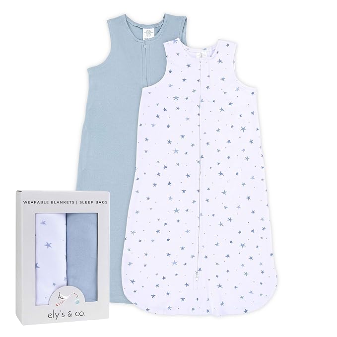 Ely's & Co. 100% Cotton Wearable Blanket Baby Sleep Bag Solid Dusty Blue and Dusty Blue Stars 2 Pack (Baby Boy, Girl 0-3 Months)
