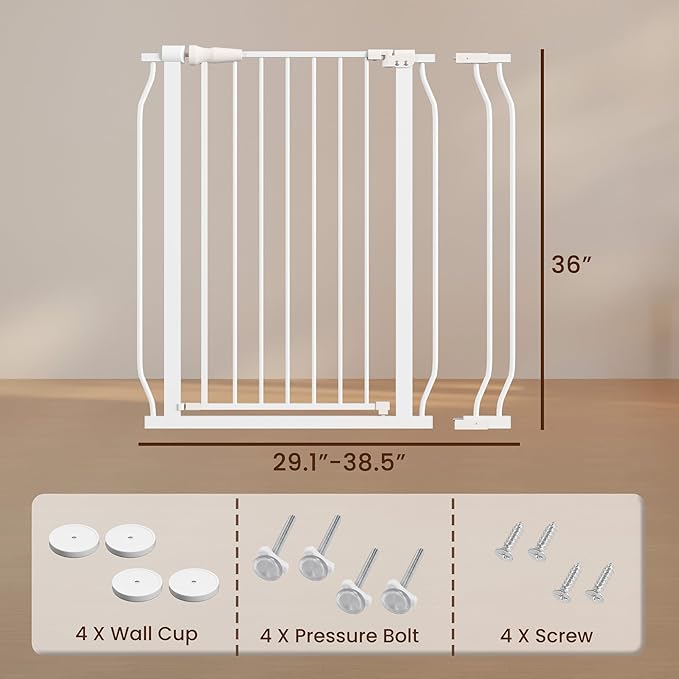 ELEVON Baby Gate for Stairs Doorways, Safety Pet Gate with Auto-Close/Hold-Open Features, Fits Openings 29.1” to 38.5”, 36” Tall, Easy Pressure Mounted Walk Through Baby Dog Gate, White