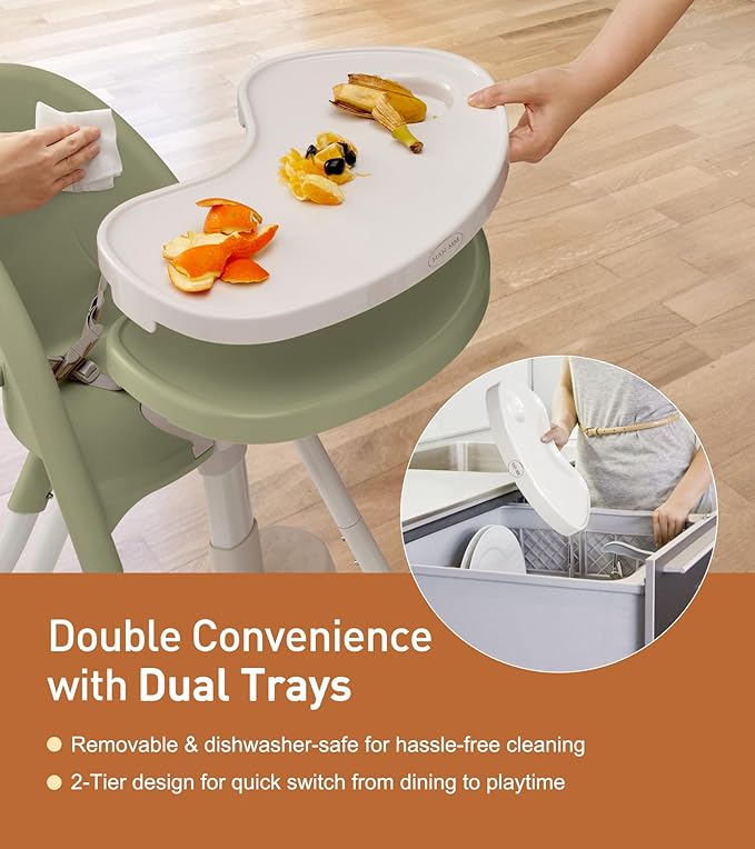 Funny Supply 3-in-1 Cute Folding High Chair, High Chairs for Babies and Toddlers, Modern Space Saving Highchair with Removable Double Tray, Easy to Clean, Light Weight Baby Feeding Chair, Green