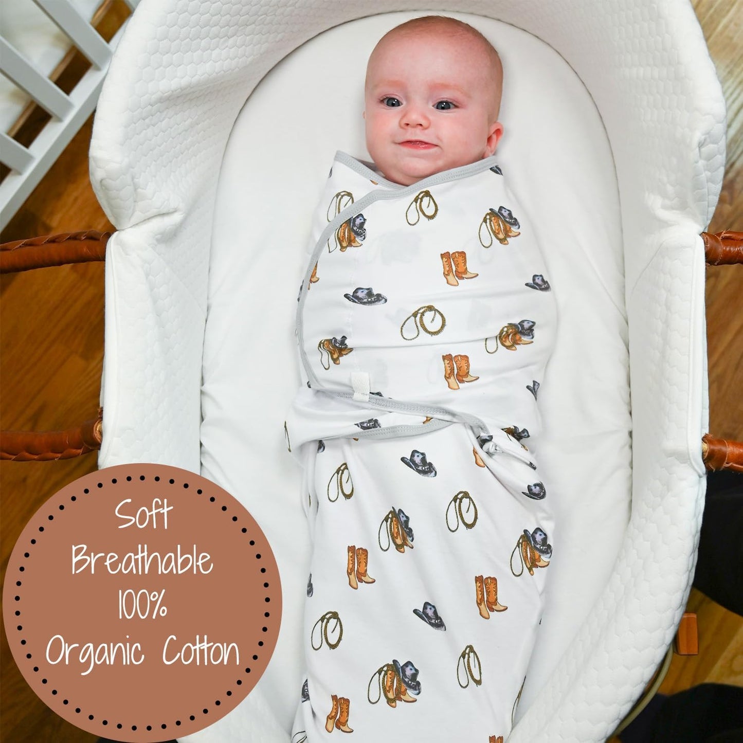 LollyBanks 100% Organic Cotton Baby Boy Essentials Swaddles 3-6 Months, Newborn Swaddle with Easy Change Zipper, Western Baby Swaddle Blanket Wrap (Cowboy Print)