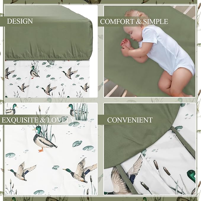 Oudain 4 Piece Mallard Duck Crib Bedding Set Including Mallard Duck Crib Skirt, Blanket, Crib Sheet and Diaper Stacker, Soft Neutral Nursery Standard Size Baby Bedding for Baby Girls and Boys