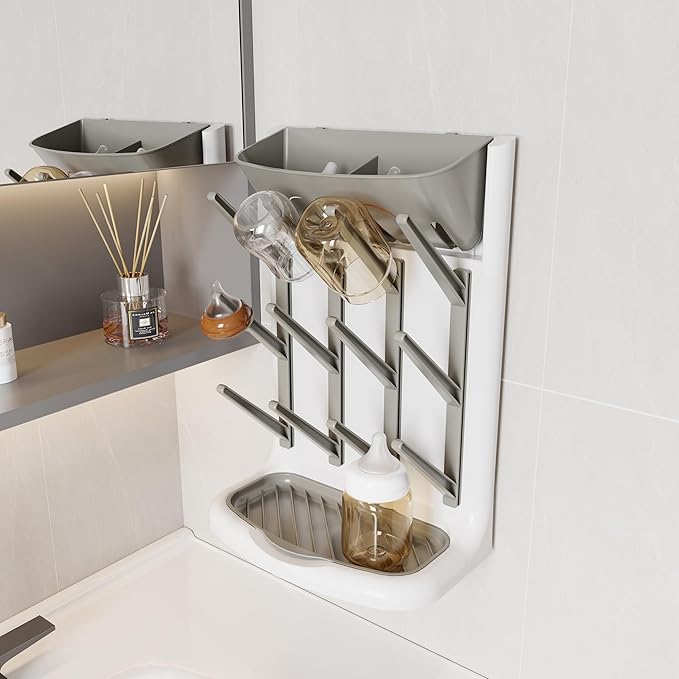 IEEK Baby Bottle Drying Rack,Space Saving Countertop Drying Rack for Baby Accessory & Pump Parts,Suction Cup Wall Mounted Bottle Rack Holder Large Vertical Drying Tower,Grey and White