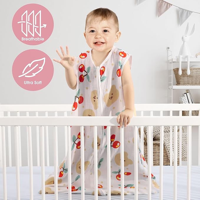 2 Pack Baby Sleep Sack 0-6 Months 100% Cotton Muslin Baby Sleeping Bag 2-Way Zipper Wearable Blankets (Flower & Cherry, Small)