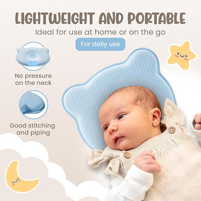 Soft and Breathable Baby Pillow with Memory Foam and Bear Design (Blue)