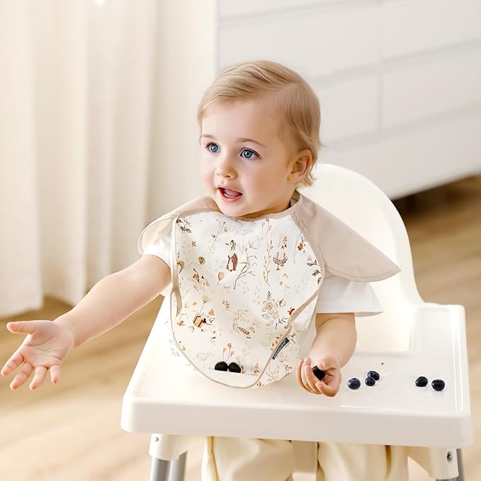 GRSSDER 3-pack Mess Proof Baby Feeding Bibs with Food Catcher Pocket, Soft Lightweight Waterproof Fabric Material with Zero Plastic-like Feel, Adjustable and Easy Clean Toddler Bibs for 6-36 Months