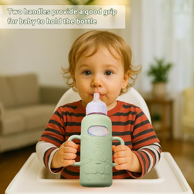 KingKam 4 Pack Silicone Sleeves for Dr. Brown's Glass Baby Bottles, Drop Protection Easy-Grip Baby Bottle Sleeves Holder with Handles, Compatible with Dr. Brown's Narrow Glass Bottles 8oz