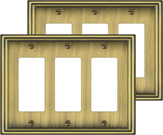 2 Pack Triple Decorator Switch Covers Wall Plate, Antique Brass Metal Material Rocker Switch Plates, 3 Gang Wall Plate for Receptacle, GFCI Outlet, Dimmer Switch - Classic Style