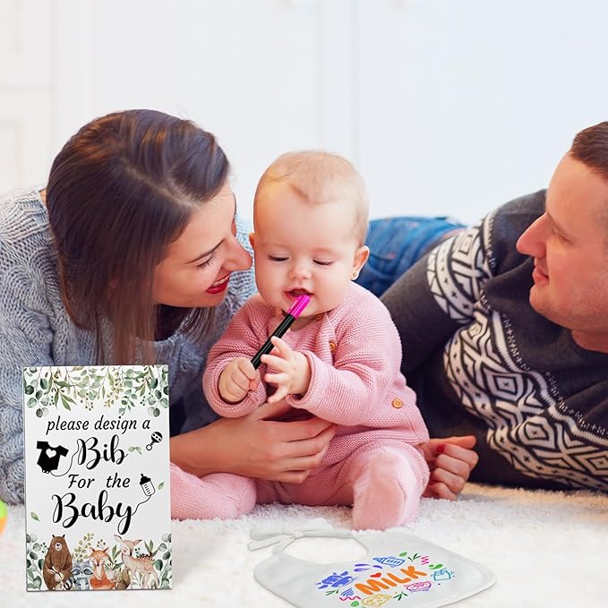 Newwiee 55 Pcs White Bibs for Baby Decorating Design a Bib Decorate Plain newborns Bibs Wooden Sign for Baby Shower Games Kit