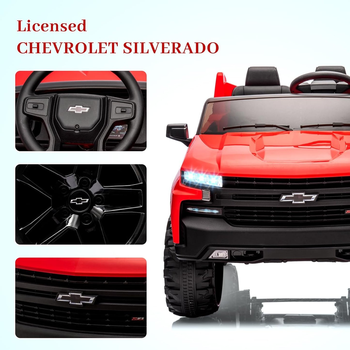 Hetoy 24V 2-Seater Truck Licensed Chevrolet Silverado Ride On Car Toy w/Parent Remote Control,4xSpring Suspension, 3 Speeds, Wireless Music, MP3 Player, Electric Vehicle Car for Kids, Red