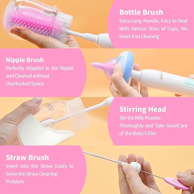 Electric Bottle Brush Cleaner New Upgrade, Portable Electric Baby Bottle Brush Cleaner for Travel, Travel Bottle Cleaner Kit with Nipple & Straw Brush, Perfect Mom Essentials After Birth Gift, Pink