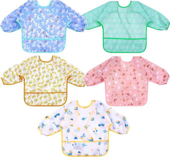 Lictin Long Sleeve Bibs 5 Pack - Baby Bibs, Waterproof Toddler Bibs, Baby Smock for Eating, Baby Bibs for Feeding Teething