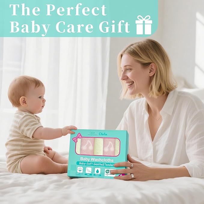 VOOVA & MOVAS 6 Pack 100% Cotton Baby Washcloths | 12x12 Inches | Highly Absorbent | Ultra-Soft Newborn Towels | Perfect Set,Baby Essentials | Jacquard Cherry & Ivory Colors