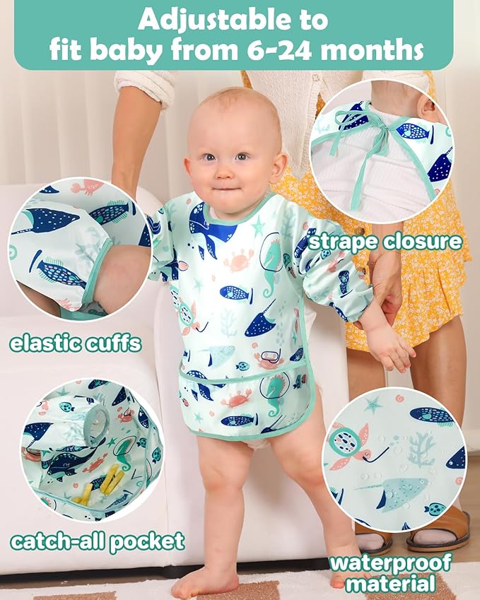 Lictin Long Sleeve Bibs 5 Pack - Baby Bibs, Waterproof Toddler Bibs, Baby Smock for Eating, Baby Bibs for Feeding Teething