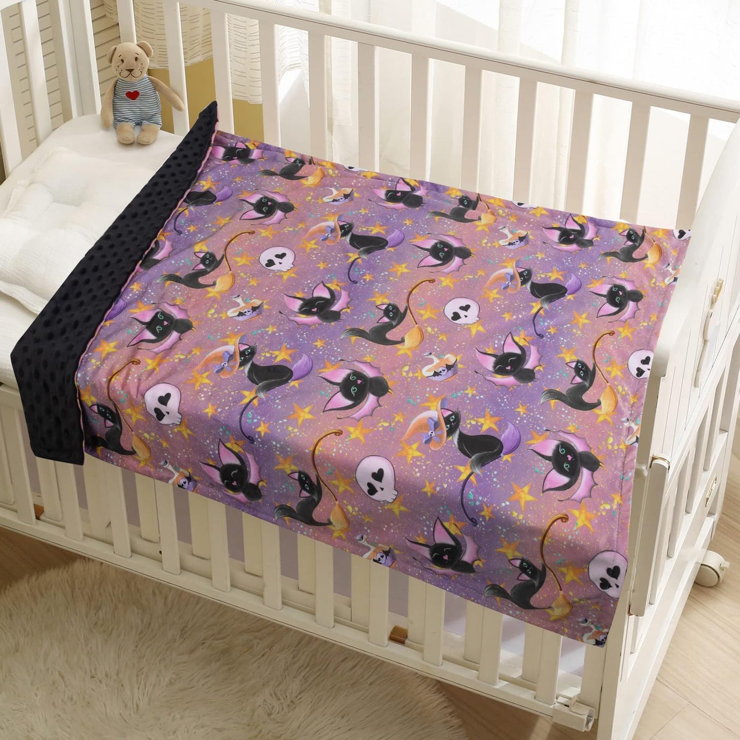 Baby Blanket for Boys Girls Soft Minky with Double Layer Dotted Backing, Halloween Printed 30 x 40 Inch Receiving Blanket (Halloween bat)