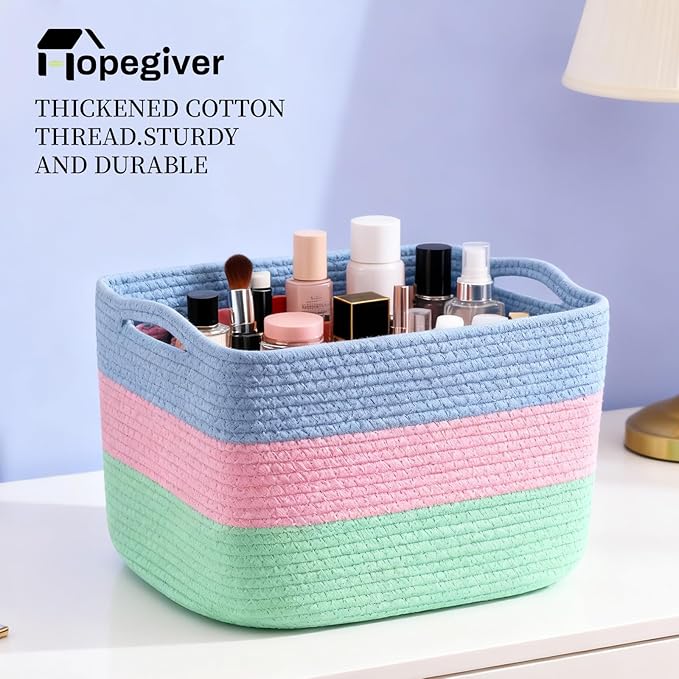 Hopegiver 3 Pack Storage Baskets for Organizing with Handle, Woven Baskets for Shelves - Durable Gift Basket for Cloth Toys Books Baby, Cotton Rope Basket for Dog Cat, 15x11x10 Inch(Blue&Pink&Green)