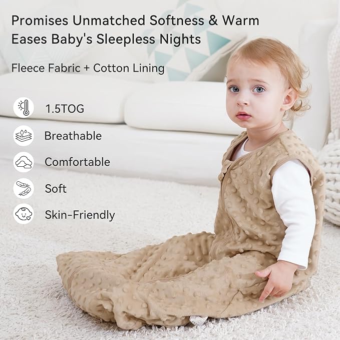 Fleece Baby Sleep Sack 0-6 Months with Plush Dots 1.5 Tog Baby Wearable Blanket with 2-Way Zipper Warm Sleeping Sack for Toddler Infant Newborn - Small, Coffee