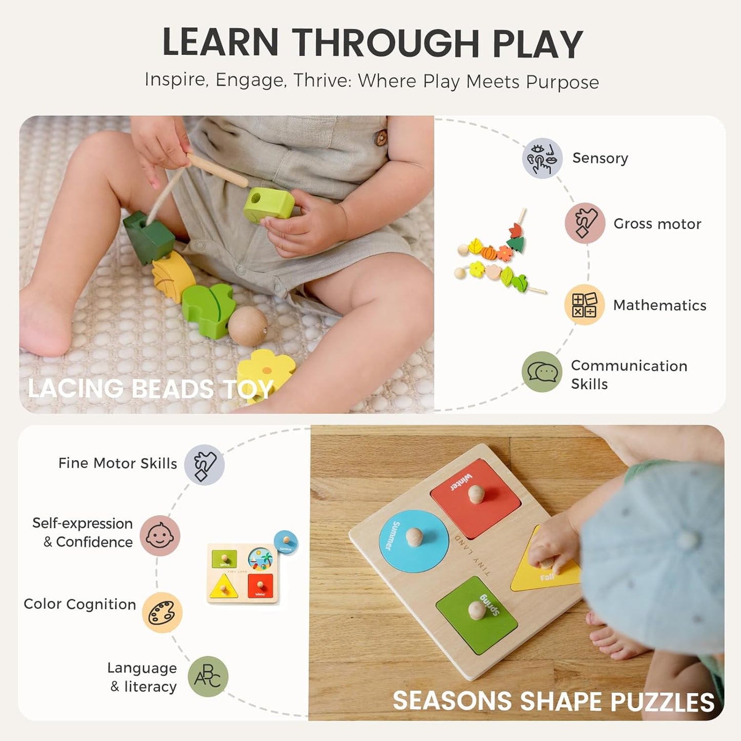 Tiny Land Montessori Toy Set for Babies 18-24 Months Investigator Play Kit- 4-in-1 Wooden Learning Toys with Color Sorting, Lacing Beads, Shape Matching, and Seasons Puzzles