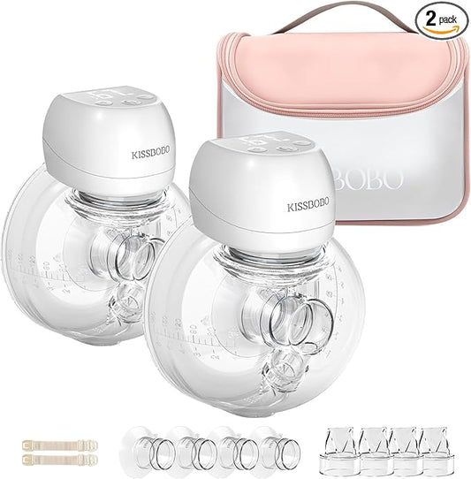 KISSBOBO ABP-1508 Hands Free Breast Pump Wearable with Storage Bag, Wearable Breastfeeding Pump Strong Suction, Low Noise, 3 Modes 9 Levels, with 21/24mm Insert/Flange, 2 Pack (White)