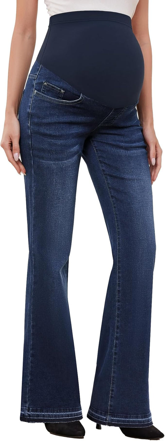 GLAMIX Women's Stretch Maternity Bootcut Jeans with Pockets Over The Belly Bell Bottoms Flare Denim Pants Pregnancy Clothes