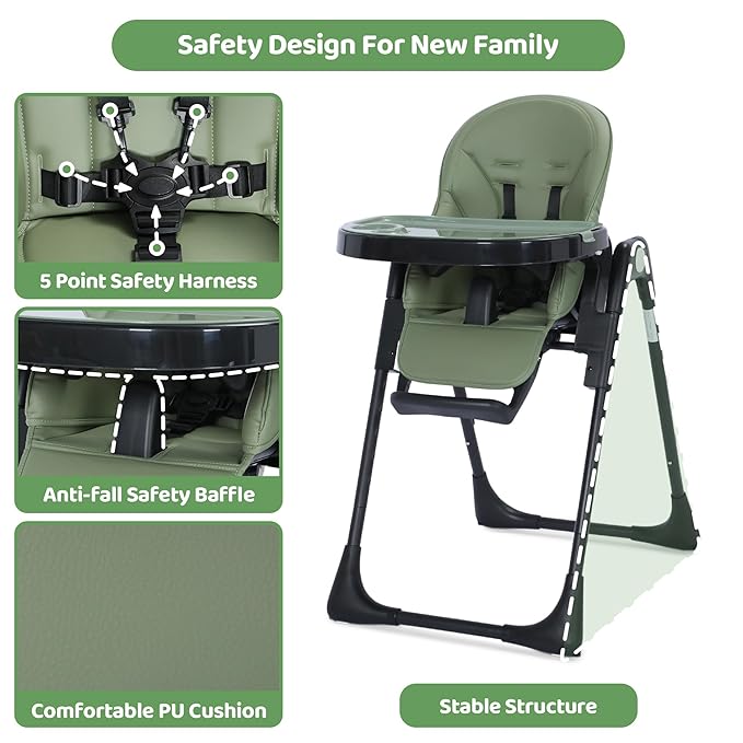 3 in 1 Foldable Baby High Chair, Infant High Chairs for Babies and Toddlers, 6 Height & 5 Recline Adjustable Toddler Feeding Chair, 2 Tray Depth & 3 Footrest Angles, 2 Built-in Wheels, Green