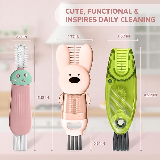 Cup Lid Cleaning Brush, Multifunctional Set with 3 in 1 Lid Cleaner and Two 4 in 1 Cup Lid Cleaning Brushes, Cleaning Brush Tool for Bottles, Straws, Tumblers, Travel Mug Caps, Portable Kit (Pink)