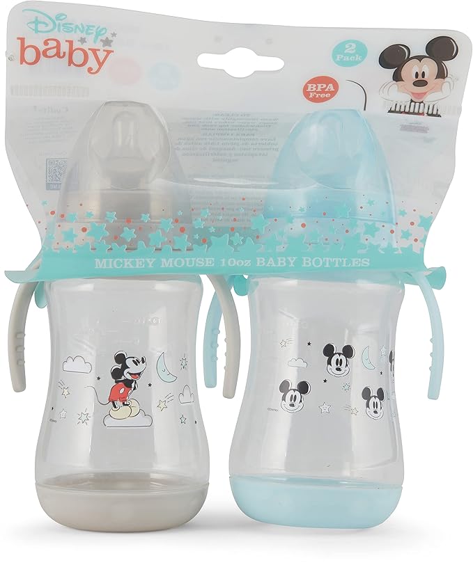 Disney 2 Pack 10 Ounce Baby Bottles with Character Prints and Colored Covers with Double Handle - BPA Free and Easy to Clean