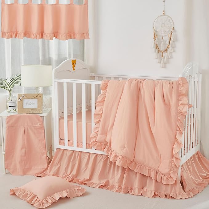 Brandream Gender Neutral Boho Bohemian Baby Girl Nursery Crib Bedding Set 3 Pieces Solid Blush Farmhouse Chic Ruffle Unisex Cozy 100% Washed Cotton