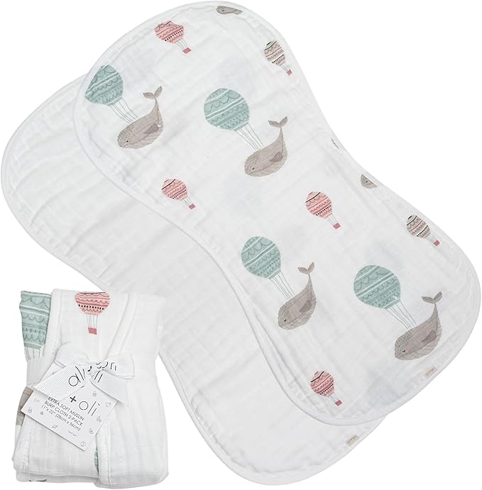 Ali+Oli 2-pk Muslin Burp Cloths for Baby Boys and Girls (Whale-White) Organic Baby Burp Cloth, Burp Rags for Newborn
