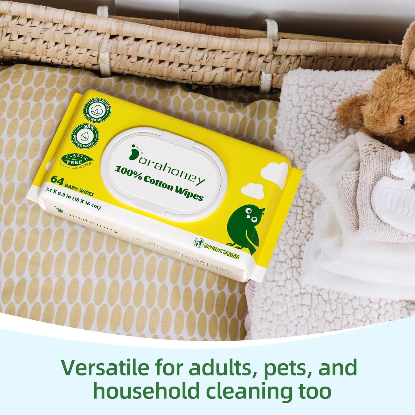 100% USA Cotton Baby Wipes, 99% Purified Water Unscented Wet Wipes for Sensitive Skin, Hypoallergenic & Plastic-Free, 256 Count (4 Flip-Top Packs of 64)