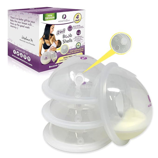 Mommyz Love Breast Shells & Milk Catcher for Breastfeeding New Model with Plugs - Breast Milk Catcher to Relieve Cracked Sore & Engorged Nipples - Breast Shells Milk Collector for Leaking Milk 4 Pack