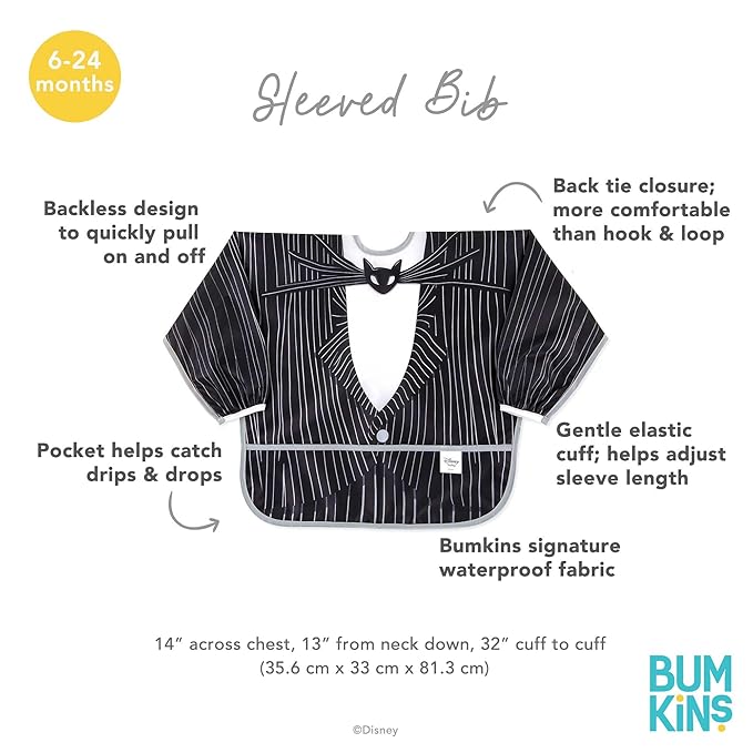 Bumkins Disney Sleeved Bib for Girl or Boy, Baby and Toddler for 6-24 Mos, Essential Must Have for Eating, Feeding, Baby Led Weaning Supplies, Long Sleeve Mess Saving Food Catcher, Jack Skellington