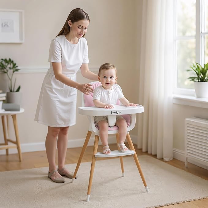 Baby High Chair, Wooden Highchair with Removable Tray, Adjustable Legs, Cushion, 5-Point Harness and Footrest for Infants, Baby, Toddlers, Pink