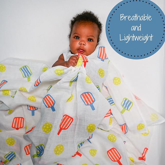 LollyBanks Swaddle Blanket, 100% Cotton Baby Blanket, Soft Muslin Swaddle Blankets 47 x 47 Inches, Nursery Swaddling Blankets for Boys and Girls, Baby Essentials, Registry (Pickleball Print)